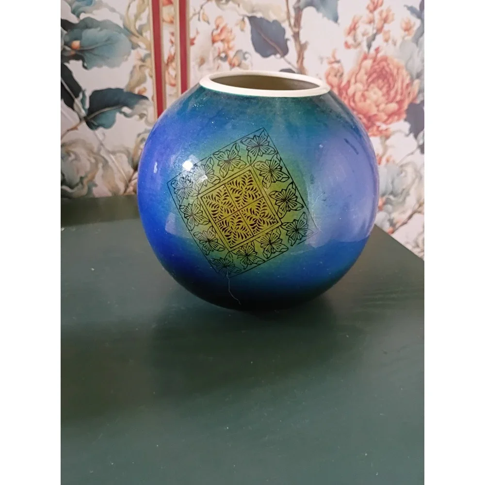 Vintage‎ Japanese Art Pottery Vase Blue Green Floral Medallion Signed Japan